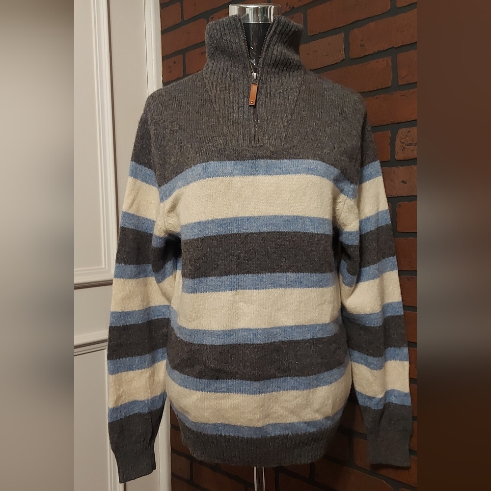 Dark Academia Striped Sweater 100% Shetland Wool Quarter-Zip Medium